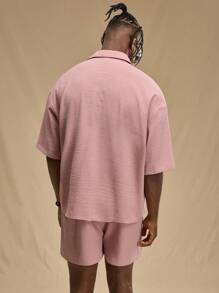 Forever 21 Men's Solid Color Textured Short Sleeve Shirt And Shorts Set For Spring And Summer , Basic , Going Out , Plain , Husband