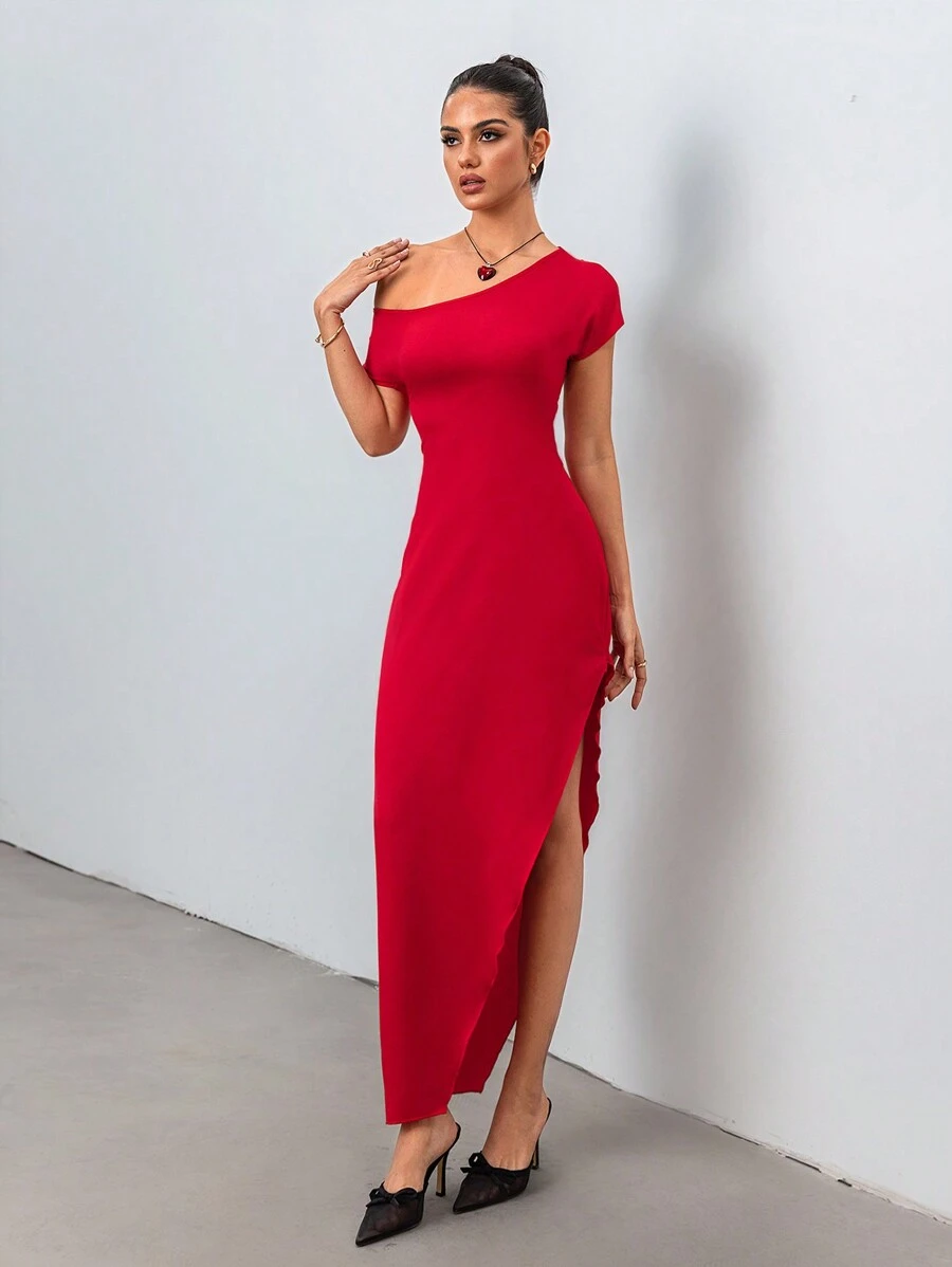Chiquease Sexy Asymmetrical Slanted Collar Side Slit Dress - Red - View 1