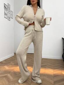 EURMUSE 女士拉链细节开衫和毛衣裤 2 件套