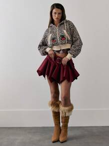 MUSERA Mid Rise Extreme Pleat Stretch Woven Belt Detail Mini Skirt Boho Summer - Burgundy - View 1