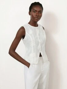 SHEIN Privé 2pcs/Set Women's Elegant Commuter Hollow-Out Sleeveless Sexy Cinched Waist Wide Leg Pants Suit - White - View 5