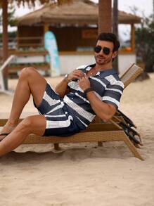 Manfinity RSRT Men's Contrast Color Striped Knit Short Sleeve Top And Shorts Set
