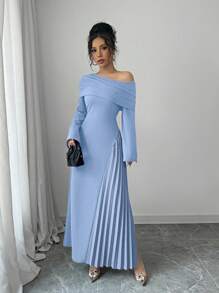 Elenzga Đầm suông dài tay dáng ôm, màu trơn, sang trọng, dự tiệc, đi làm, quyến rũ cho nữ - Màu xanh bụi bặm - Xem 7