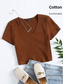 SHEIN EZwear Women's Casual V-Neck Short Sleeve Plain T-Shirt, Summer