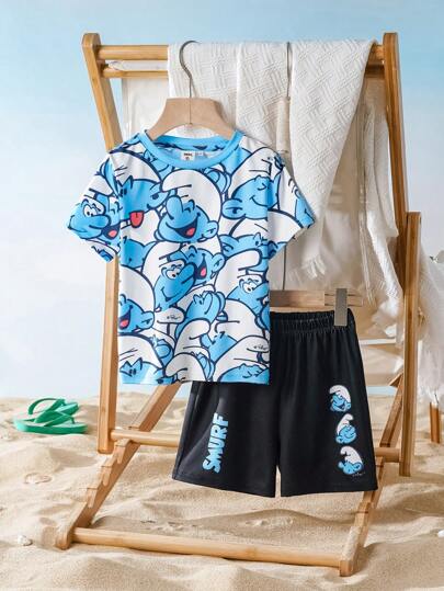 SHEIN X The Smurfs 2pcs Set Young Boy Cute Cartoon Print Sports Casual Tee & Shorts, Suitable For All Seasons