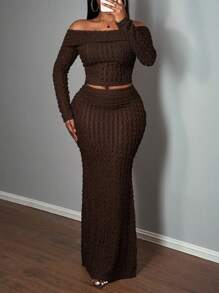 Slaydiva 优雅派对露肩长袖上衣和裙子女士套装 - A - 棕色 - 查看 3