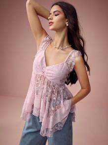 Enchnt Débardeur élégant avec encolure en cœur et dentelle contrastée pour femmes