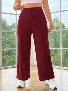 SHEIN EZwear Plus Size Burgundy Comfortable Knitted Straight-Leg Pants For Women, Casual Daily Wear