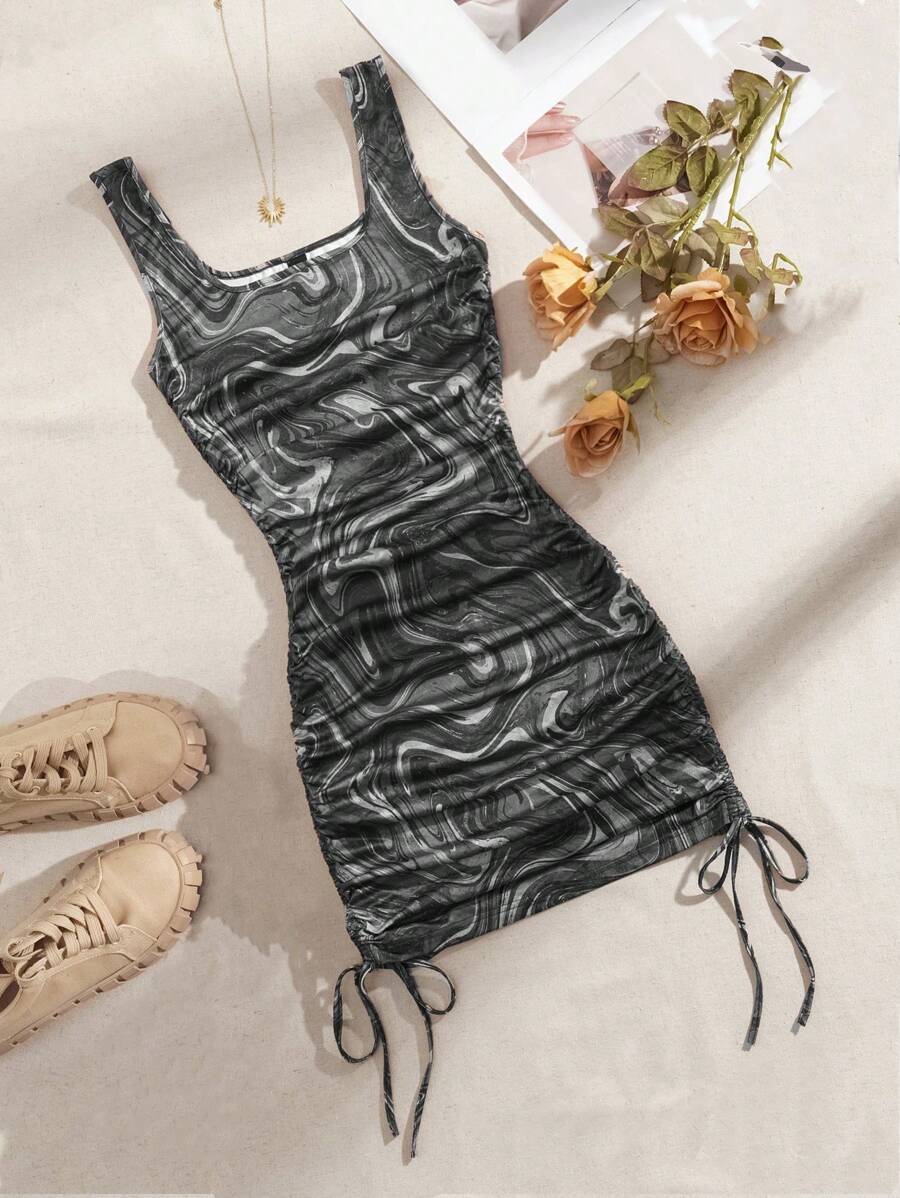 SHEIN EZwear 女式黑白图案印花抽绳腰无袖针织连衣裙 - 黑色 - 查看 1