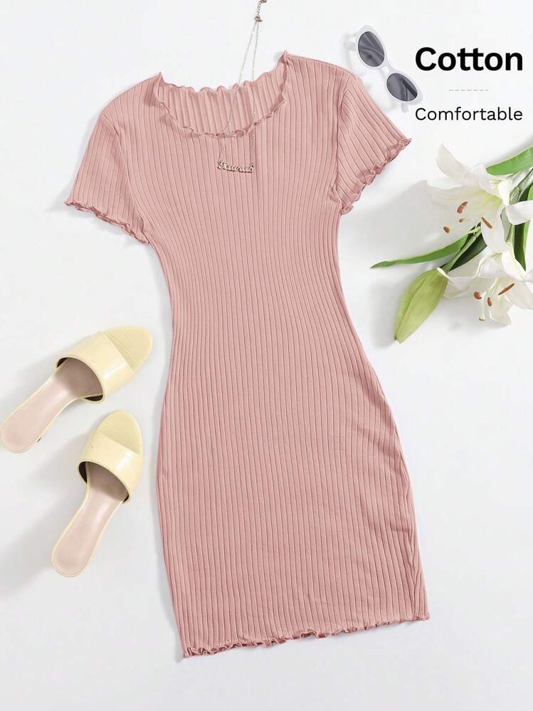 SHEIN EZwear Lettuce Trim Rib-Knit Bodycon Dress,Summer Dresses For  Women,Pastel Dresses For Women for Sale New Zealand| New Collection Online|  SHEIN New Zealand