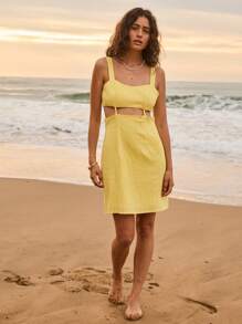 Aralina Summer Vacation Linen Blend Cut Out Detail Mini Dress