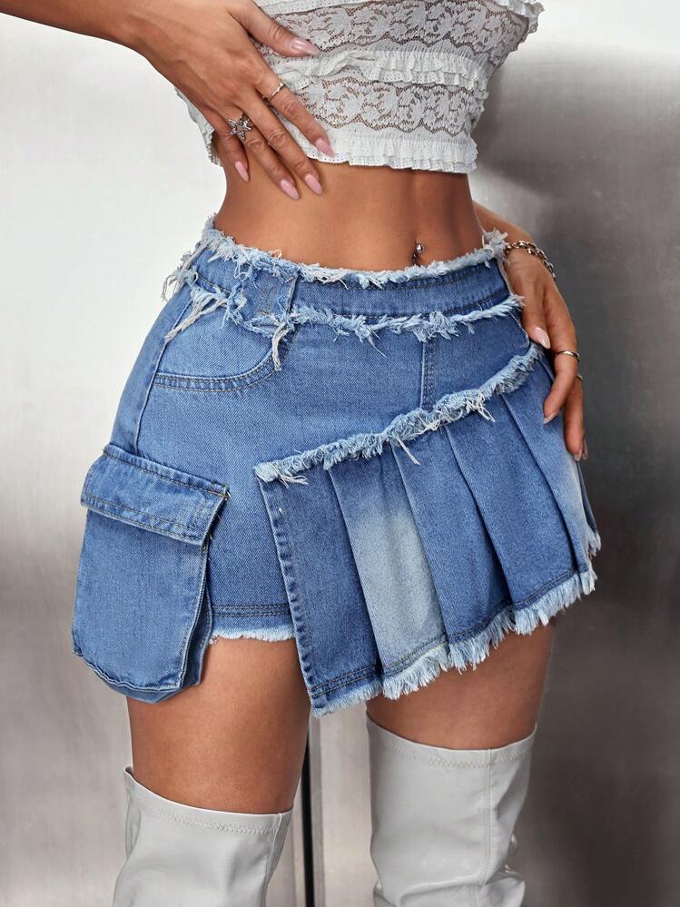 SHEIN ICON Women Waist Splicing Fringe Asymmetric Hem Short Denim Mini Skirt - Dark Wash - View 1