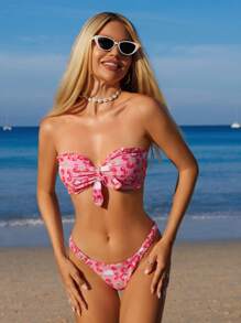 Swim Mod Springbreak Women Random Print Bandeau Tie Front Pleat Edge Cute 2Pcs Bikini Set, Festival Boho For Summer Beach Vacation - Pink - View 4