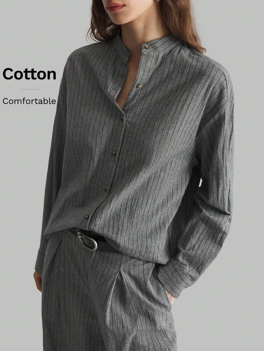 Ontre Koszula damska damska 2025 New Casual Urban Style Chinese Collar Striped Element Wiosna/Lato Szara Luźna Regularna, Uniwersalna Codzienna Moda