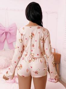 SweetSlumber Cute Ins Bear And Cake Design Women Pajama Set, Fall Winter Clothes Cozy And Elegant Details - Pink - View 2
