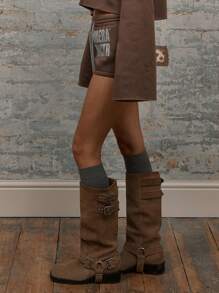 MUSERA 标语印花抽绳修身运动短裤，度假夏季时尚优雅休闲款 - 咖啡棕 - 查看 4