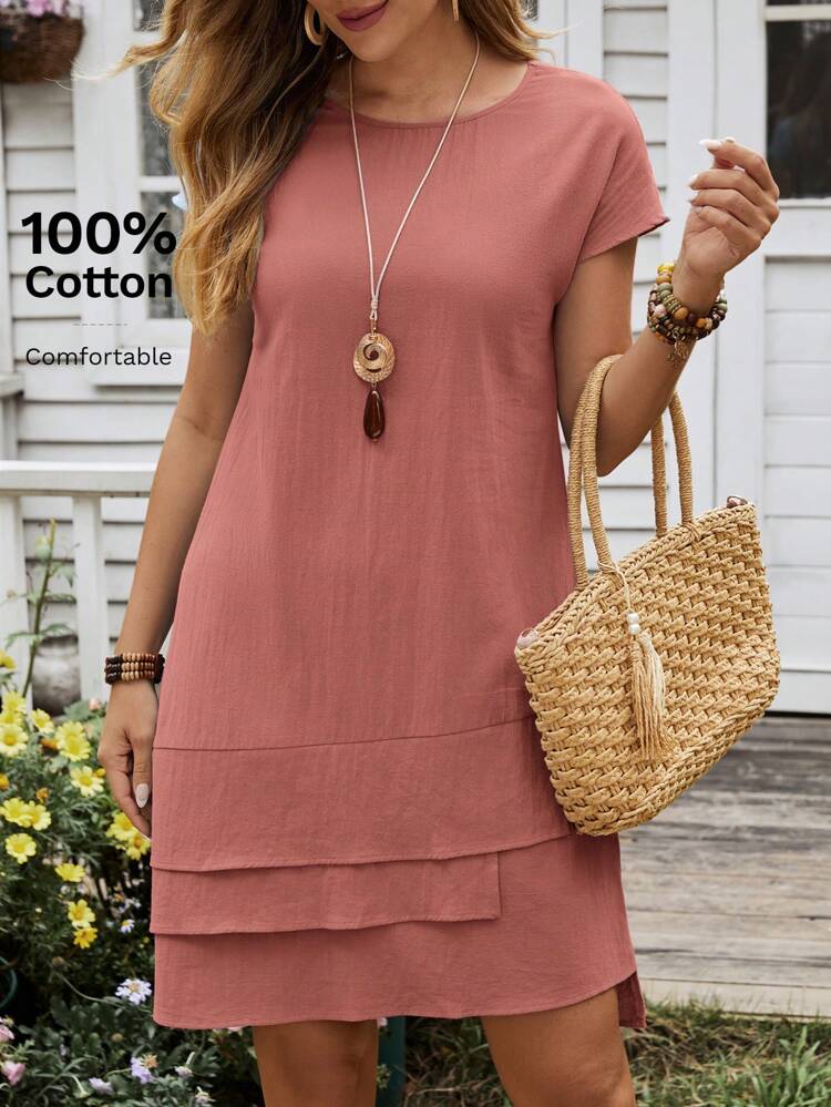 Plus Size Women's Summer Casual Vacation Countryn Round Neck Short Sleeve Pink Dress,Suitable For Summer Vacation,Casual Holiday Style,Summer Outfits For Women ,Vacation Outfits Women ,Holiday Outfits For Women,Going Out Outfits, New Clothes,Simple And Fashionable For Everyday Wear,Suitable For Summer, Vacation, Daily Wear, Festival Outfits For Women,Country Concert Outfit,Beach Outfits For Women,Western Style,Flowy Dress,Boho Dress