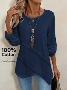 EMERY ROSE Women's Crew Neck Asymmetrical Hem White Shirt - Navy Blue - View 1