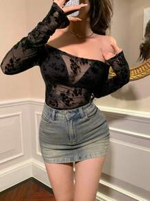 DAZY 女士露肩长袖印花植绒薄纱上衣，秋季女装外出上衣 - 黑色 - 查看 6