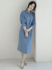 DAZY Women's Front Button Down Long Sleeve Pocket Waisted Loose Denim Dress - Blue - View 4