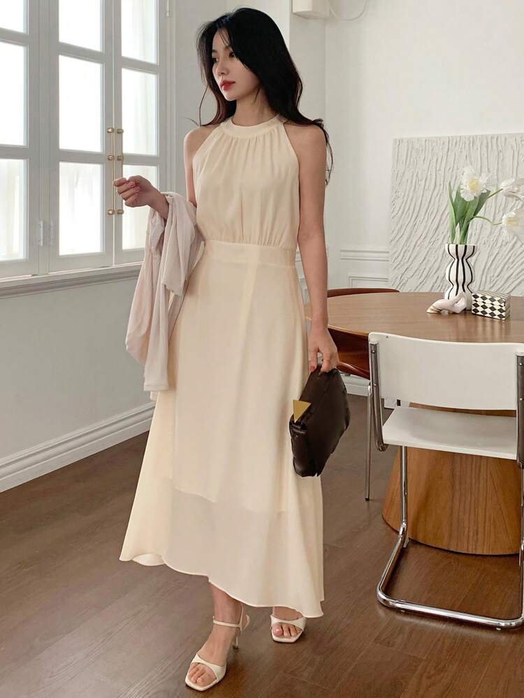 Women's Sleeveless Midi Dress With Halter And Waist Cincher Elegant Sundress