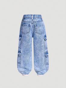 Girls' Distressed High Waist Multiple Pockets Loose Fit Straight Leg Casual Cargo Jeans - Medium Wash - View 2