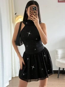 Chiquease Patchwork Chiffon Sequin Bodycon Mini Dress - Black - View 7