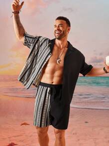 EASEVO Plus Size Men Street Style Loose Woven Vertical Stripe Short Sleeve Shirt And Shorts Set