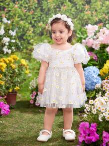 Vestido de manga corta de malla con estampado floral elegante y lindo para niña bebé "Fern Glow" - Blanco - Ver 6