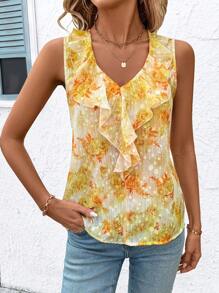 SHEIN Clasi V-Neck Sleeveless Shirt For Women With Ruffle Trim, Casual Daily Wear,Summer Outfits For Women