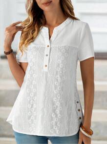 EMERY ROSE Camicia a maniche corte da donna in cotone estiva con scollo a V ricamato, top a maniche corte