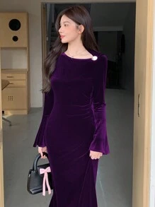 DAZY Váy midi đen ôm sát tay chuông cổ bất đối xứng thời trang dành cho nữ, trang phục mùa thu - Màu tím - Xem 4