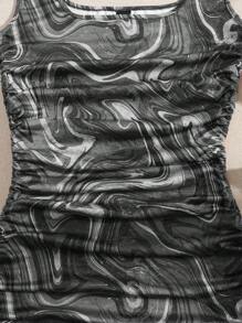SHEIN EZwear 女式黑白图案印花抽绳腰无袖针织连衣裙 - 黑色 - 查看 5