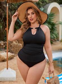 SHEIN Swim Curve Plus Size Women 2pcs Modest Solid Color Ribbed Tankini Swimwear Set, Suitable For Vacation, For Summer Beach