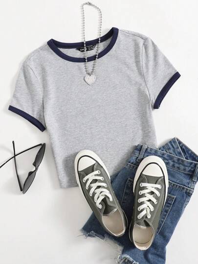 SHEIN EZwear 圓領鑲邊T恤