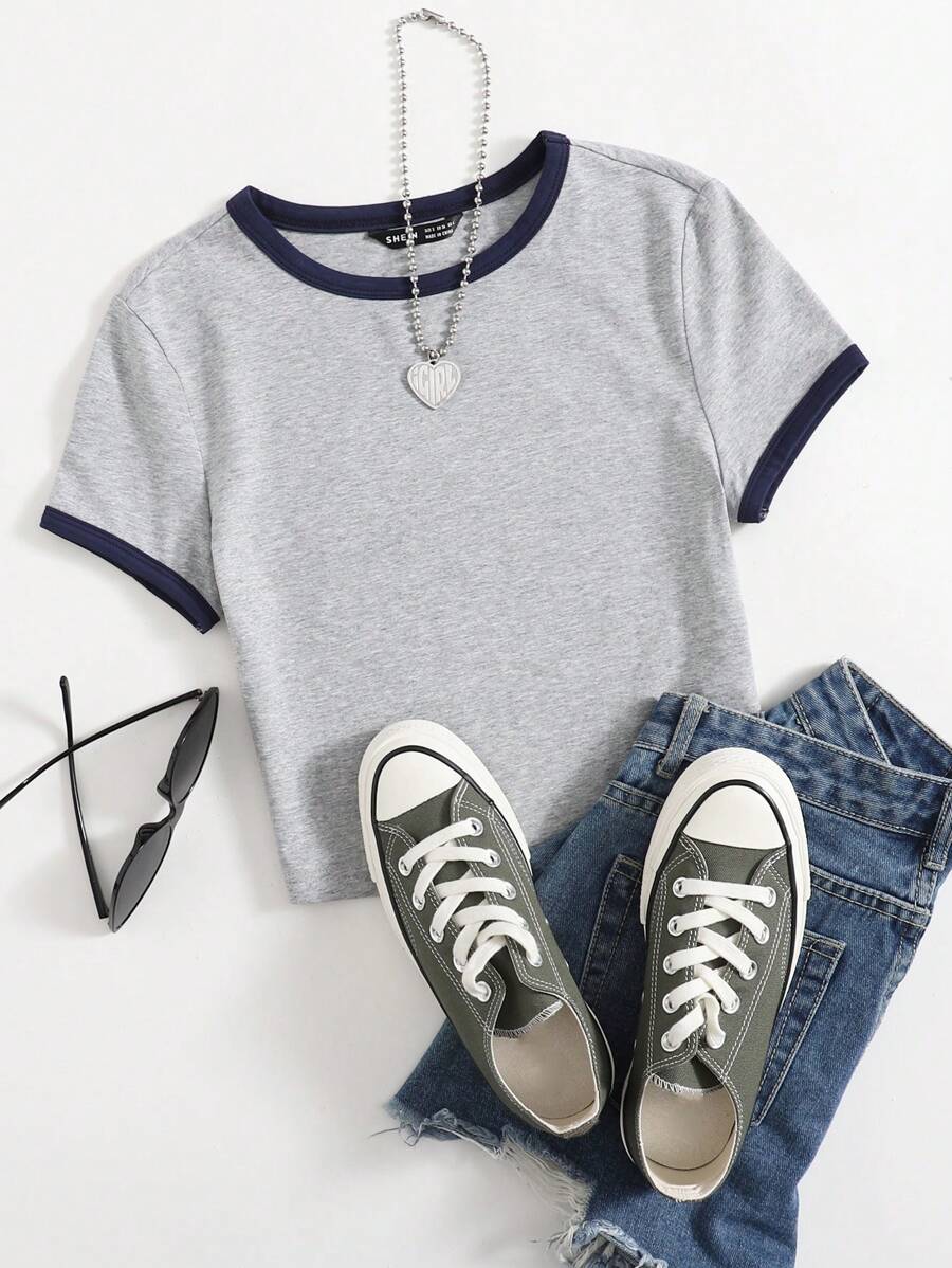 SHEIN EZwear Round Neck Ringer Tee - Light Grey - View 1