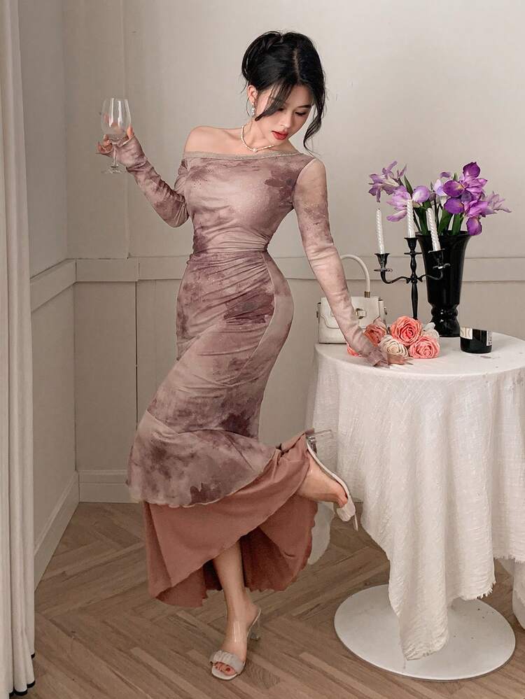 Full Print Tie-Dye Asymmetric Neck Ruffle Patchwork Women's Mid-Length Dress,Fall Dress Long Sleeve Dress