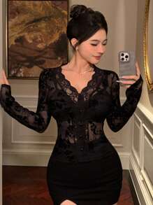 Joudiya Áo kiểu nữ tay dài ôm sát, phối ren lưới xuyên thấu, cổ chữ V, gợi cảm. - màu đen - Xem 5