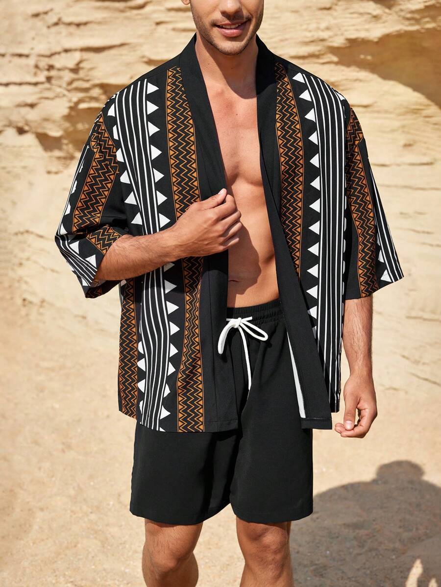 Manfinity Homme 2 件男士休闲几何印花短袖衬衫和短裤套装 - 黑色 - 查看 1