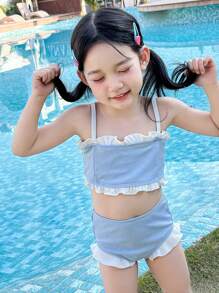 DAZY 年轻女孩拼色荷叶边下摆比基尼套装