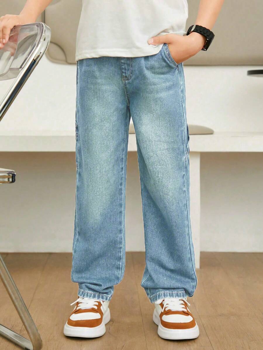 SHEIN Tween Boy Casual Preppy Daily Black Wash Fully Elastic Waist Flat Pockets Straight Jeans - Light Wash - View 1