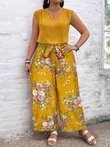 SHEIN VCAY Plus Size Boho Holiday Solid Color Notched V-Neck Blouse & Floral Print Wide Leg Pants 2 Pieces Set, For Summer - Yellow - View 5