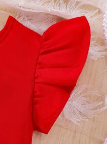 2pcs/Set Young Girl Red Bow Rhinestone Cap Sleeve Vest Top & Shorts Set, Cute Refreshing Summer Outfit - Red - View 7