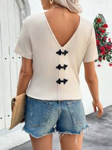 SHEIN LUNE Elegant Casual Button Design Knit Pullover T-Shirt For Women, Spring & Summer