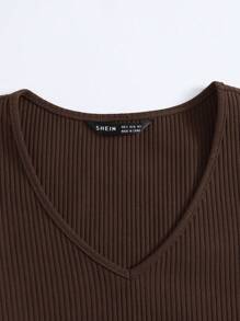 SHEIN EZwear Top tejido de canalé de cuello V - Marrón Chocolate - Ver 5
