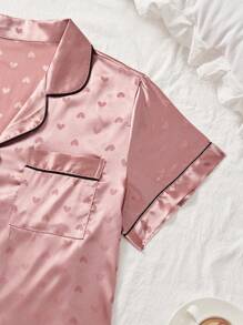 LuxeNights Plus Size Women 3-Piece Sleepwear Set: Heart Pattern Jacquard Short Sleeve Top, Shorts & Pants