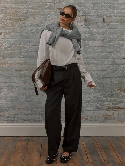 MUSERA Tailored Mid Rise Barrel Leg Tapered Side Pocket Belt Loop Trousers Old Money Summer Elegant Chic