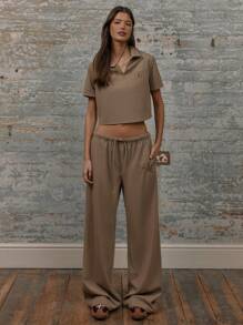 MUSERA Top ajustado y corto con cuello en V acanalado, con detalles bordados, para vacaciones, primavera y verano - Marrón - Ver 5