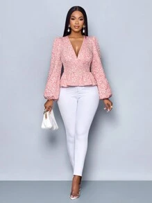 SOLERSUN 2025 Spring Valentine's Day Women Elegant Jacquard Sweetheart Neck Lantern Sleeve Coat (Random Floral) - Pink - View 4