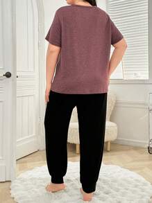 Plus Size V-Neck Short Sleeve Ruched Casual Pajama Set, Top And Pants - Hot Pink - View 2